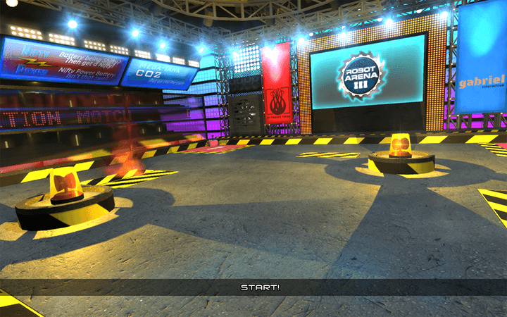 Robot Arena 3 — two custom-built combat robots fighting in the domed arena